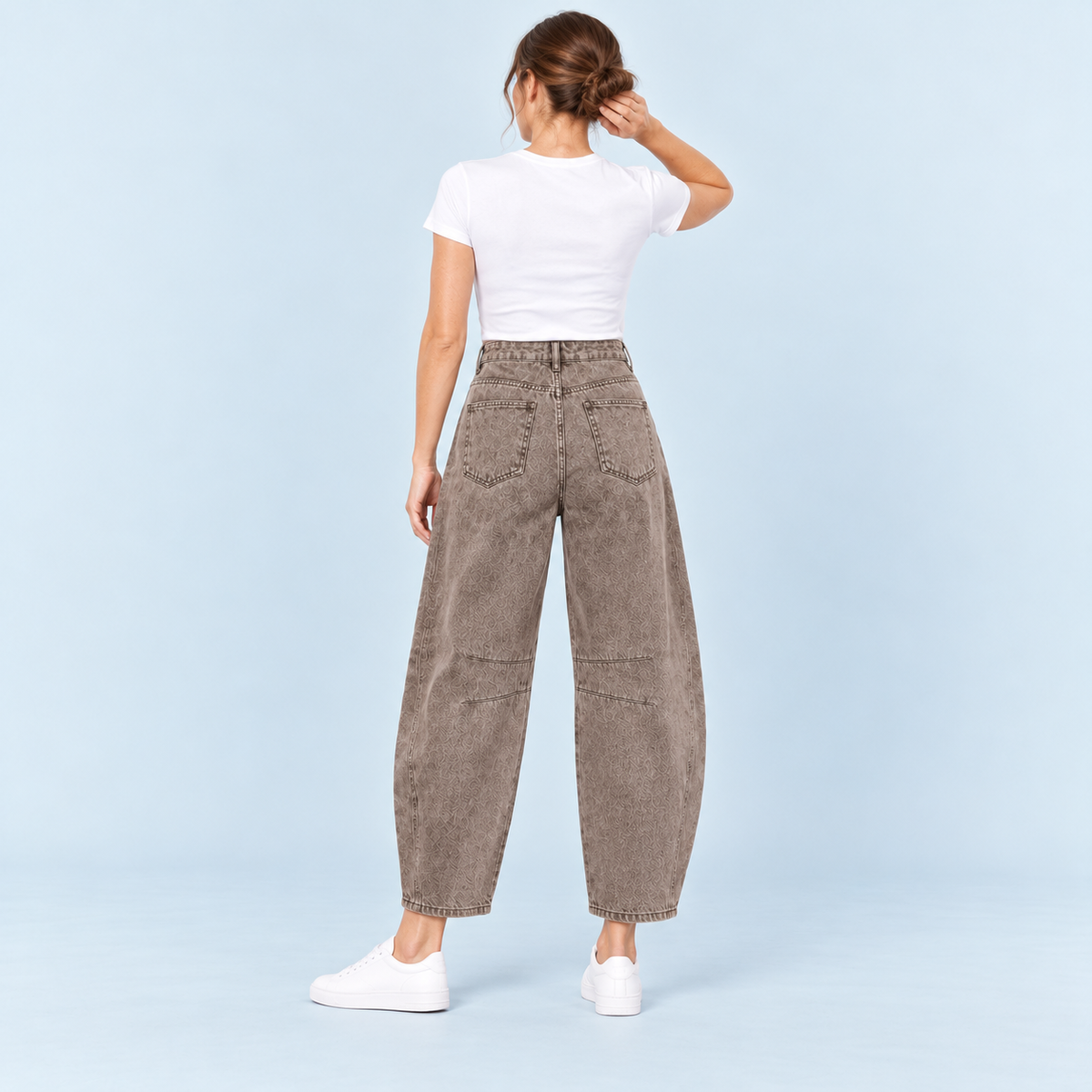 Jean large femme taille haute marron — dos