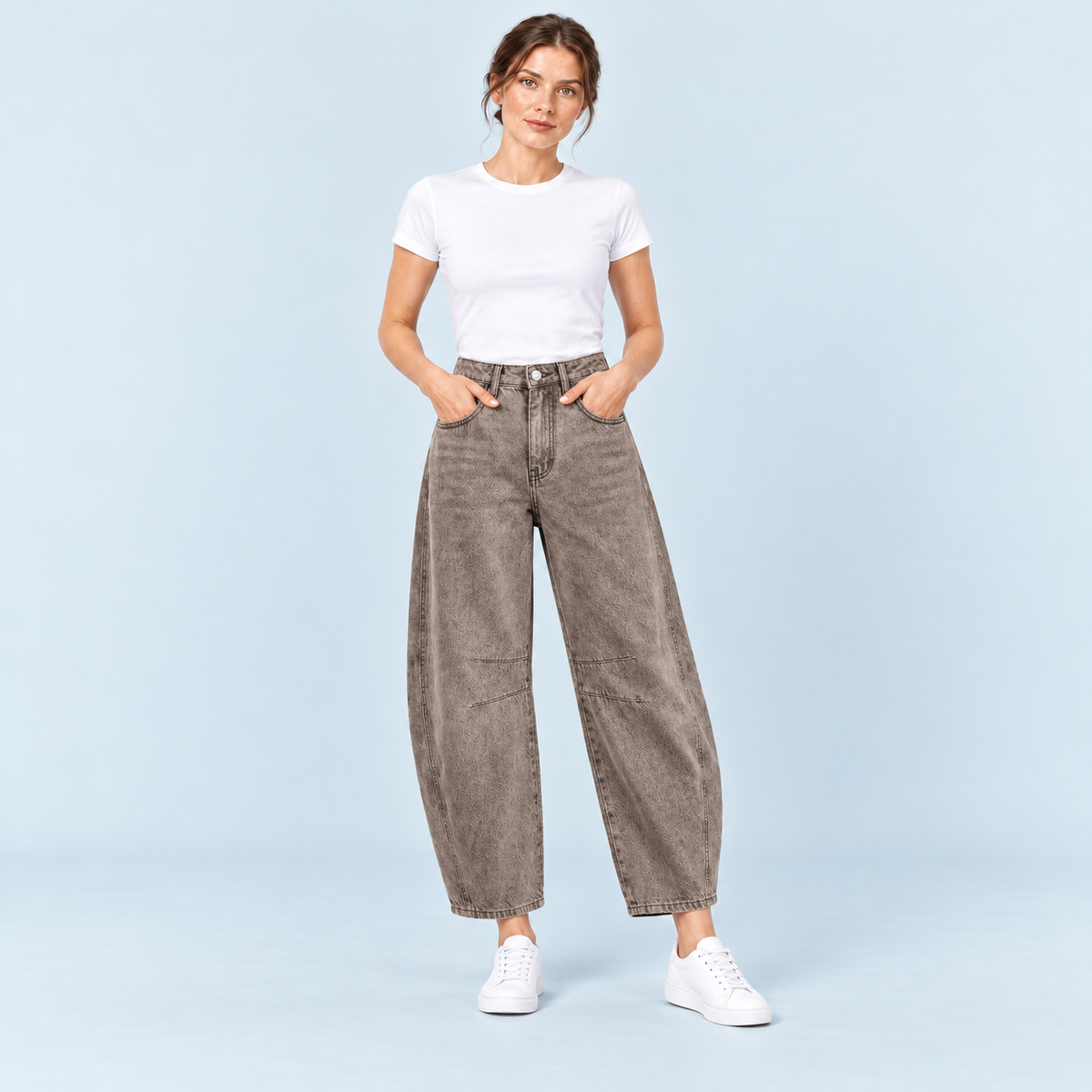 Jean large femme taille haute marron — face