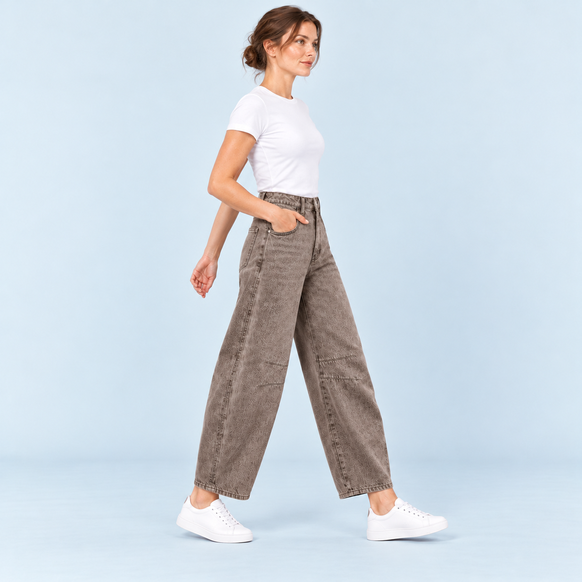 Jean large femme taille haute marron — profil