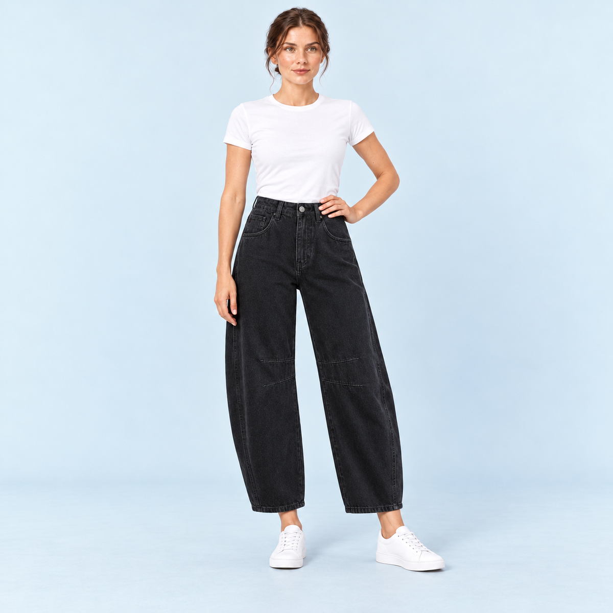 Jean large femme taille haute noir — face