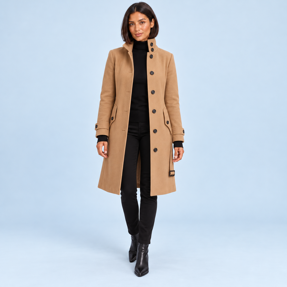 Manteau long à col montant — camel, face avec mannequin