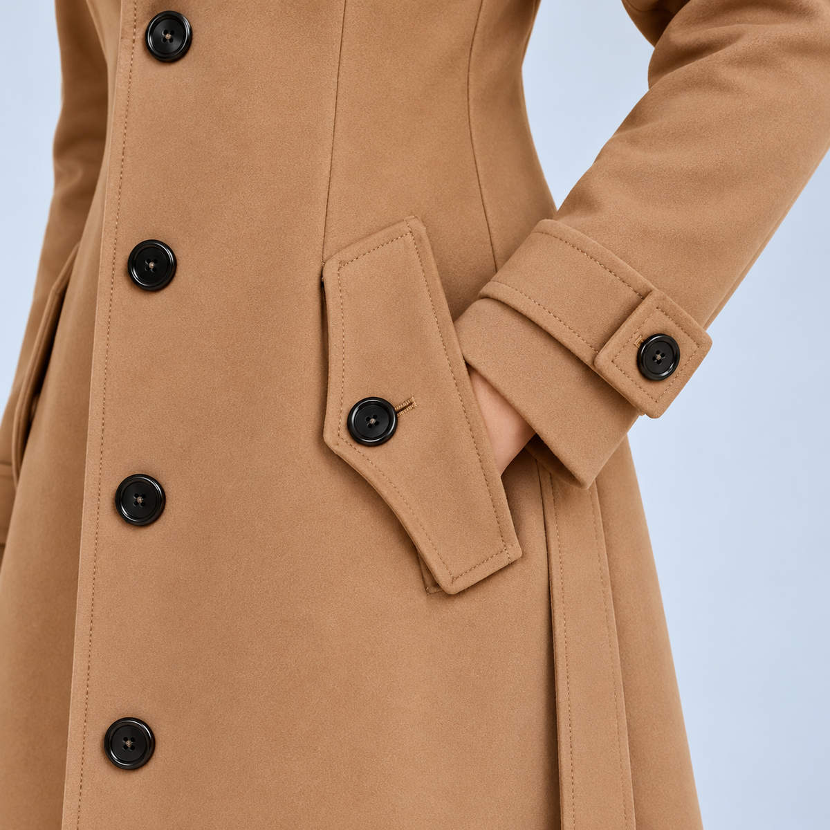 Manteau long à col montant — détail des poches