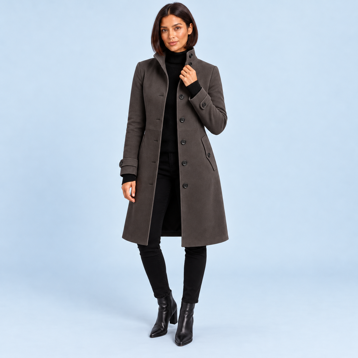 Manteau long à col montant — gris foncé, face avec mannequin