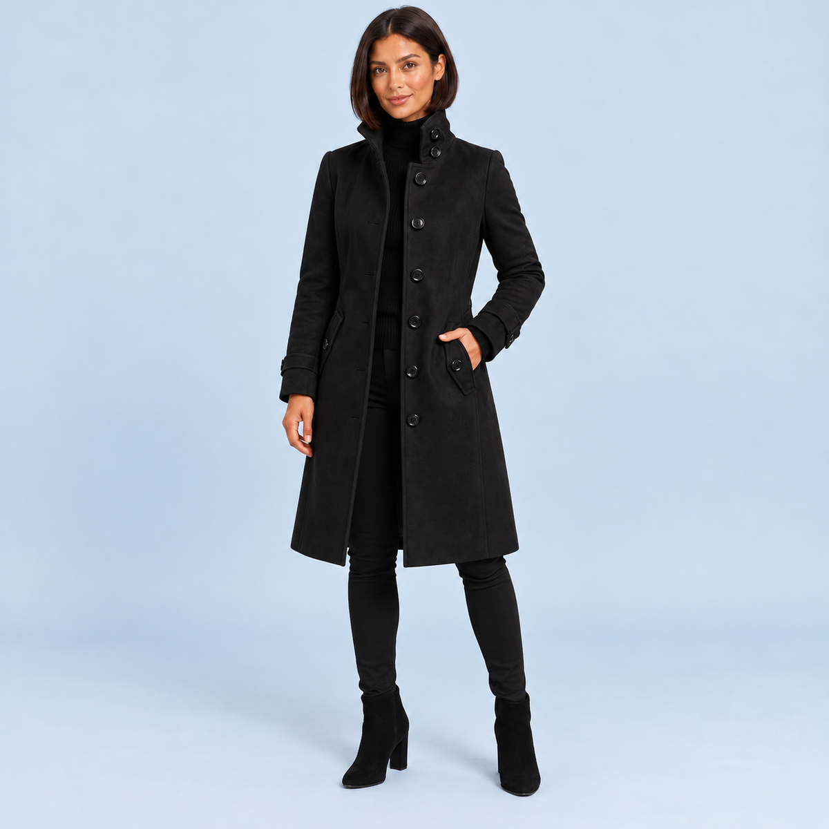 Manteau long à col montant — noir, face avec mannequin