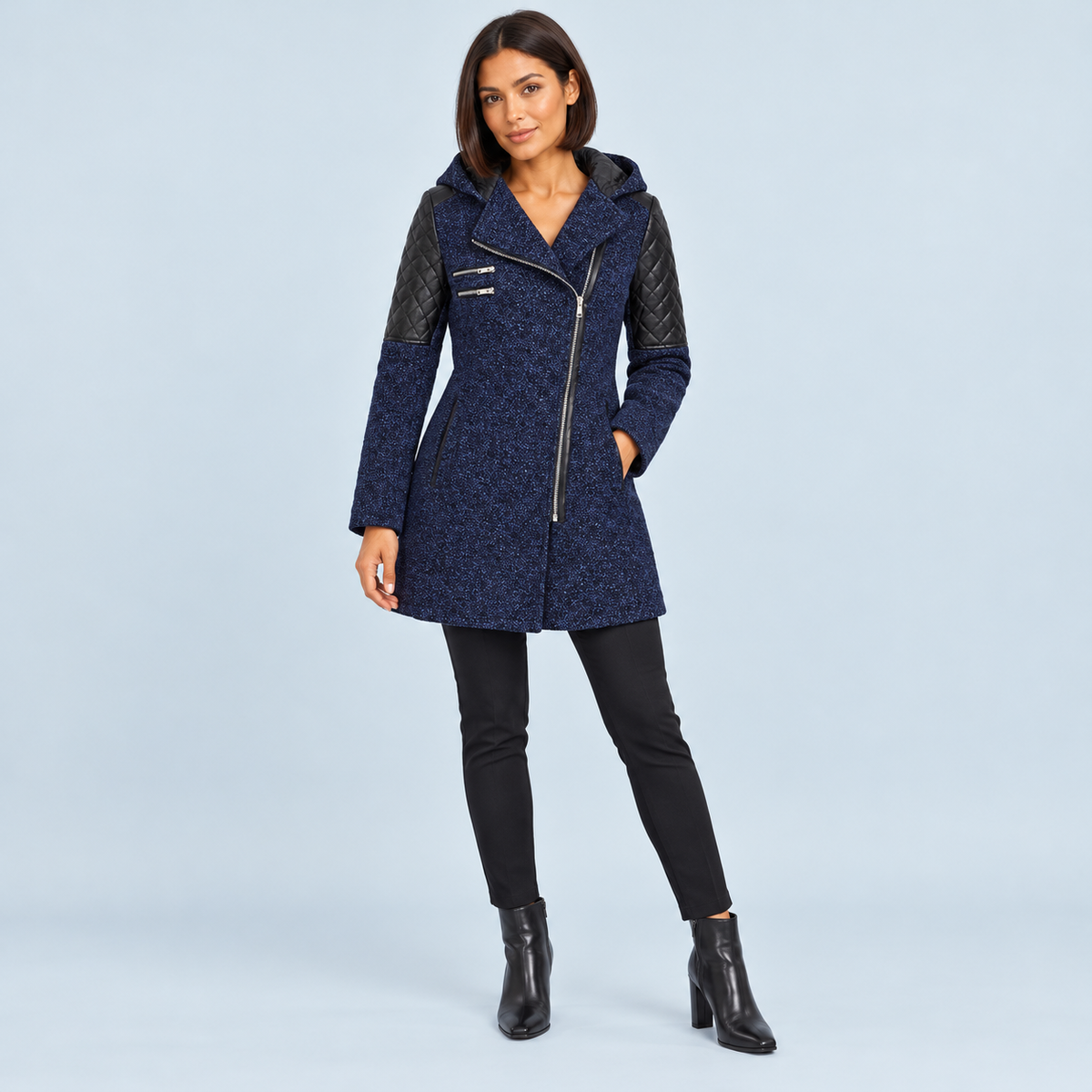 Manteau femme cintré à capuche et zip asymétrique — bleu — face