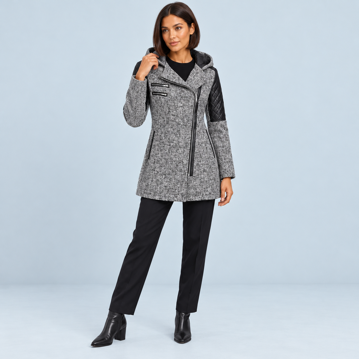 Manteau femme cintré à capuche et zip asymétrique — gris-clair — face