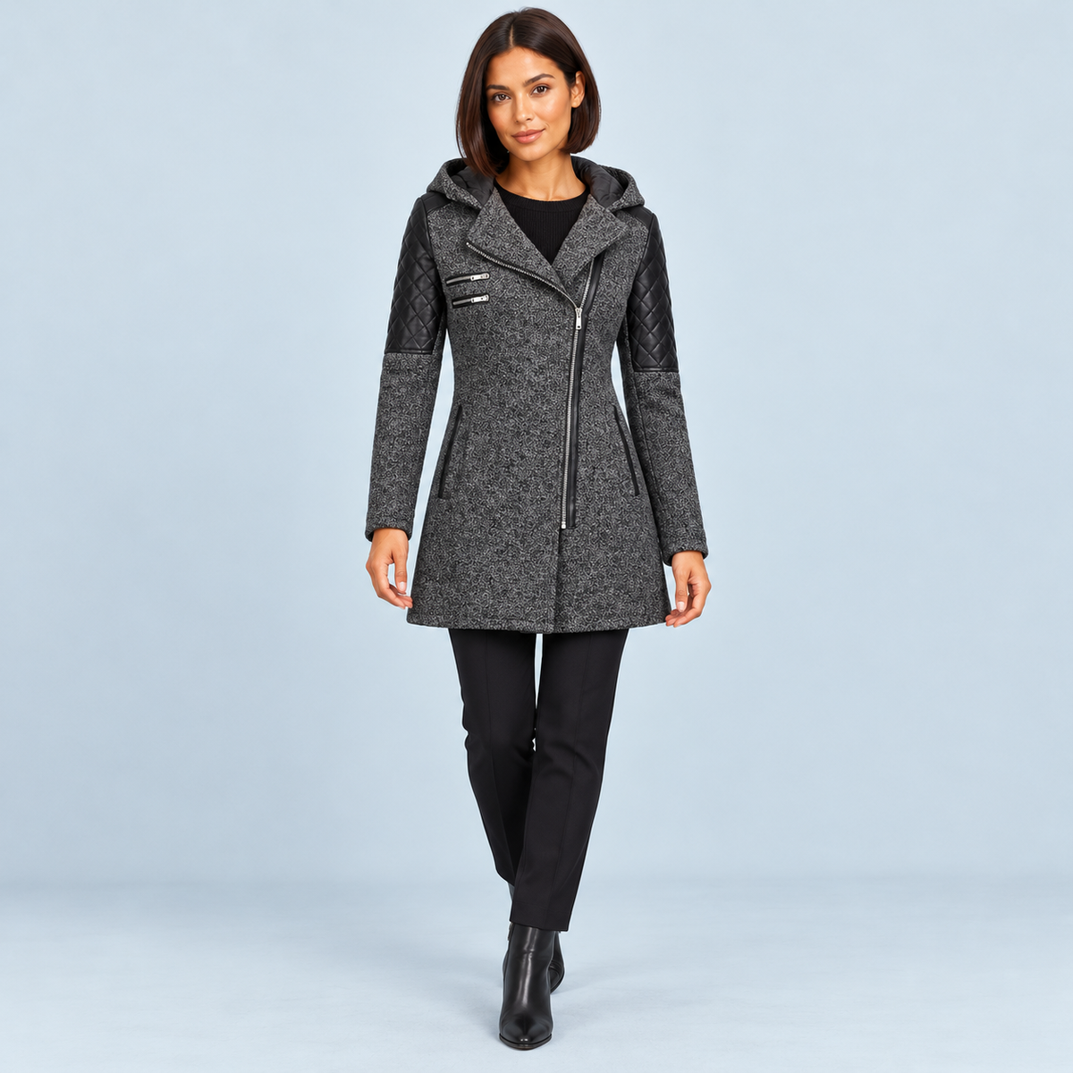 Manteau femme cintré à capuche et zip asymétrique — gris-fonce — face