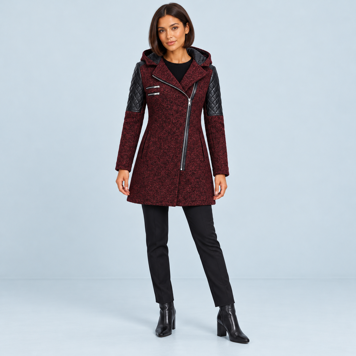 Manteau femme cintré à capuche et zip asymétrique — rouge — face