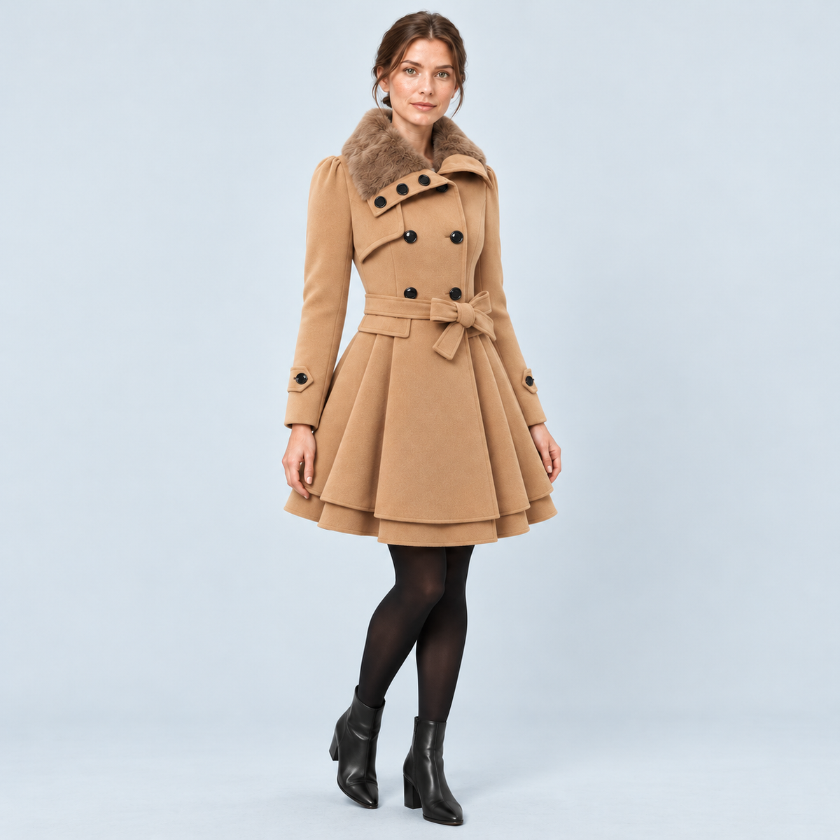 Manteau femme cintré camel — vue trois-quarts