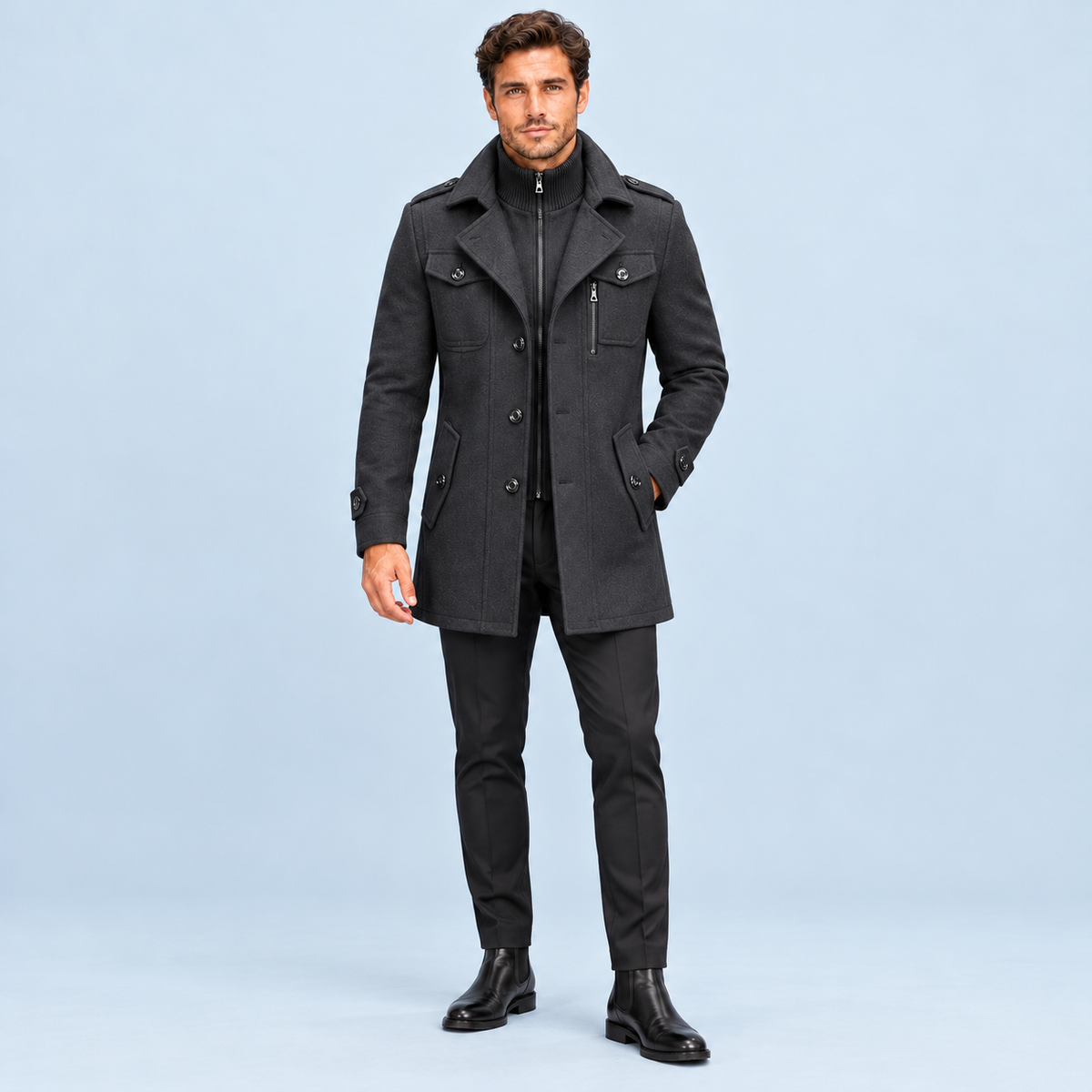 Manteau homme à col intérieur amovible — gris — face