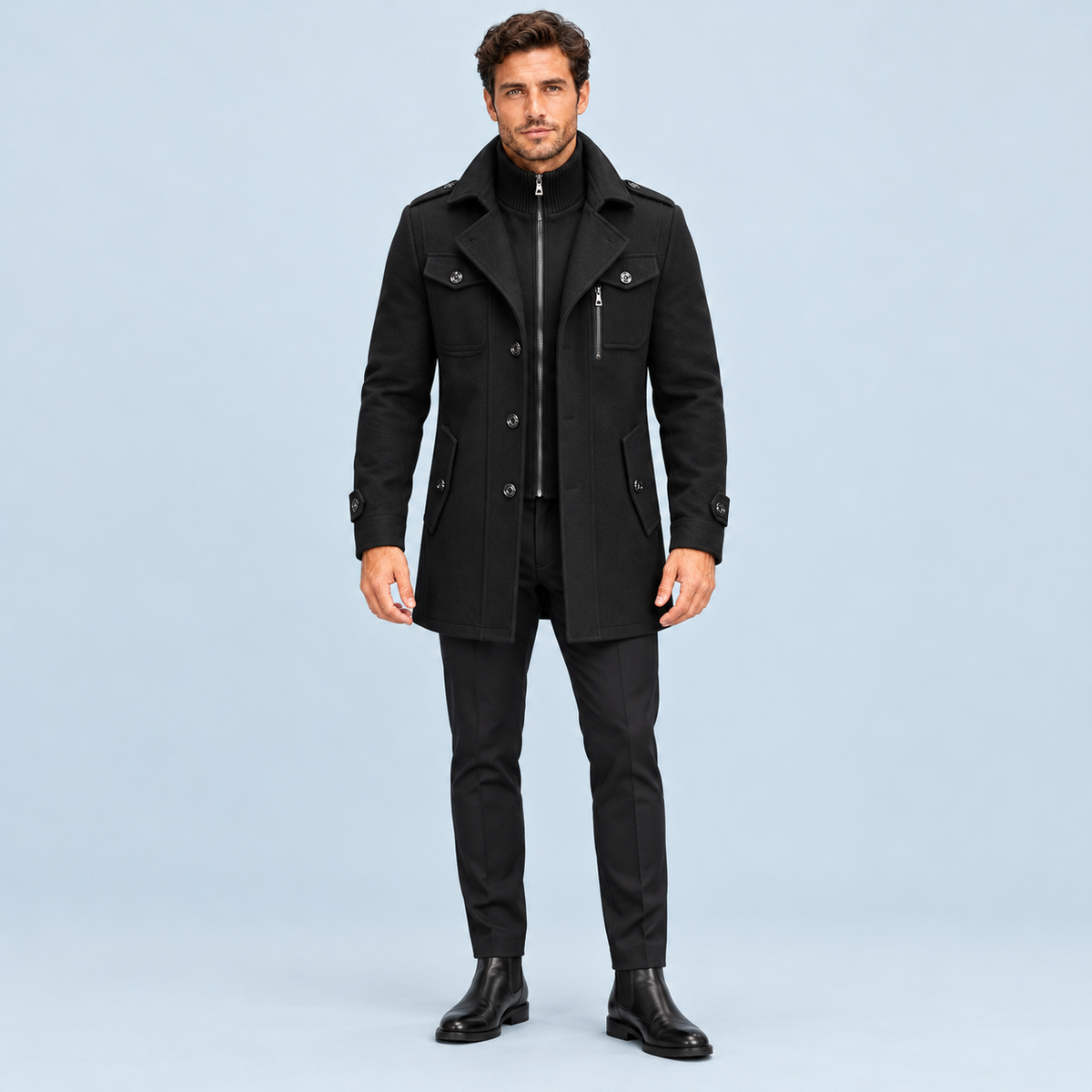 Manteau homme à col intérieur amovible — noir — face