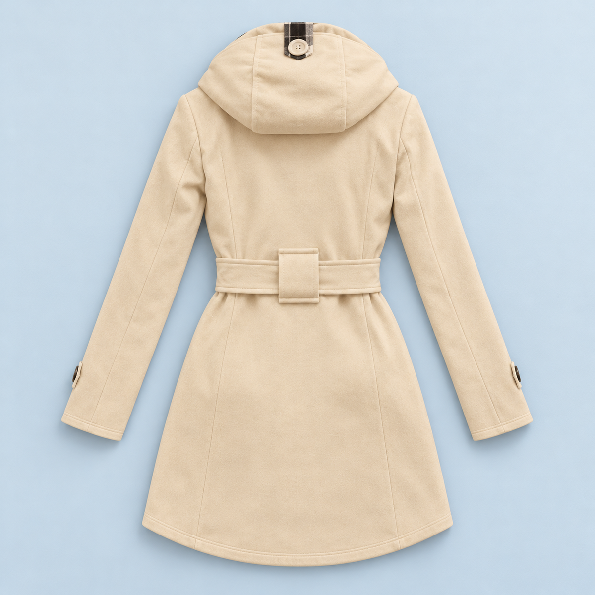 Manteau croisé femme beige présenté à plat, dos