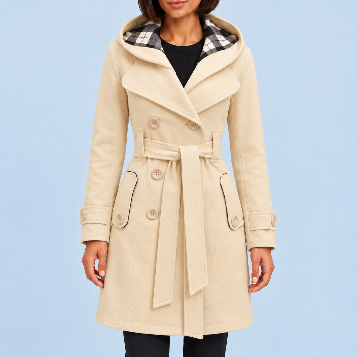Détails du manteau croisé femme beige, ceinture et boutons
