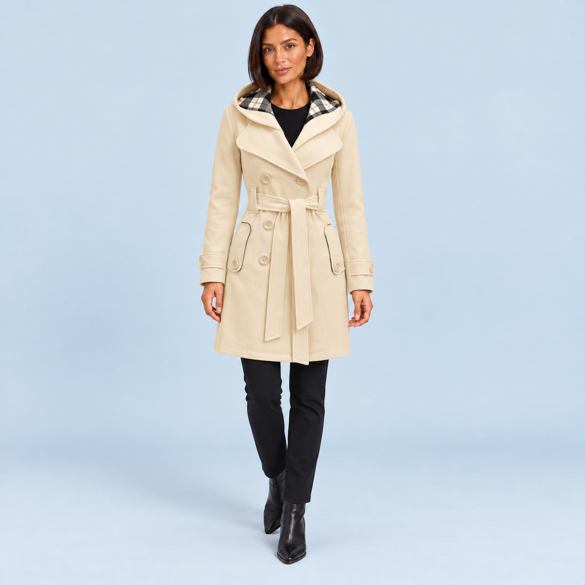 Manteau croisé femme beige à capuche et ceinture, vue de face