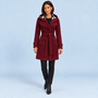Manteau croisé femme bordeaux à capuche et ceinture, vue de face