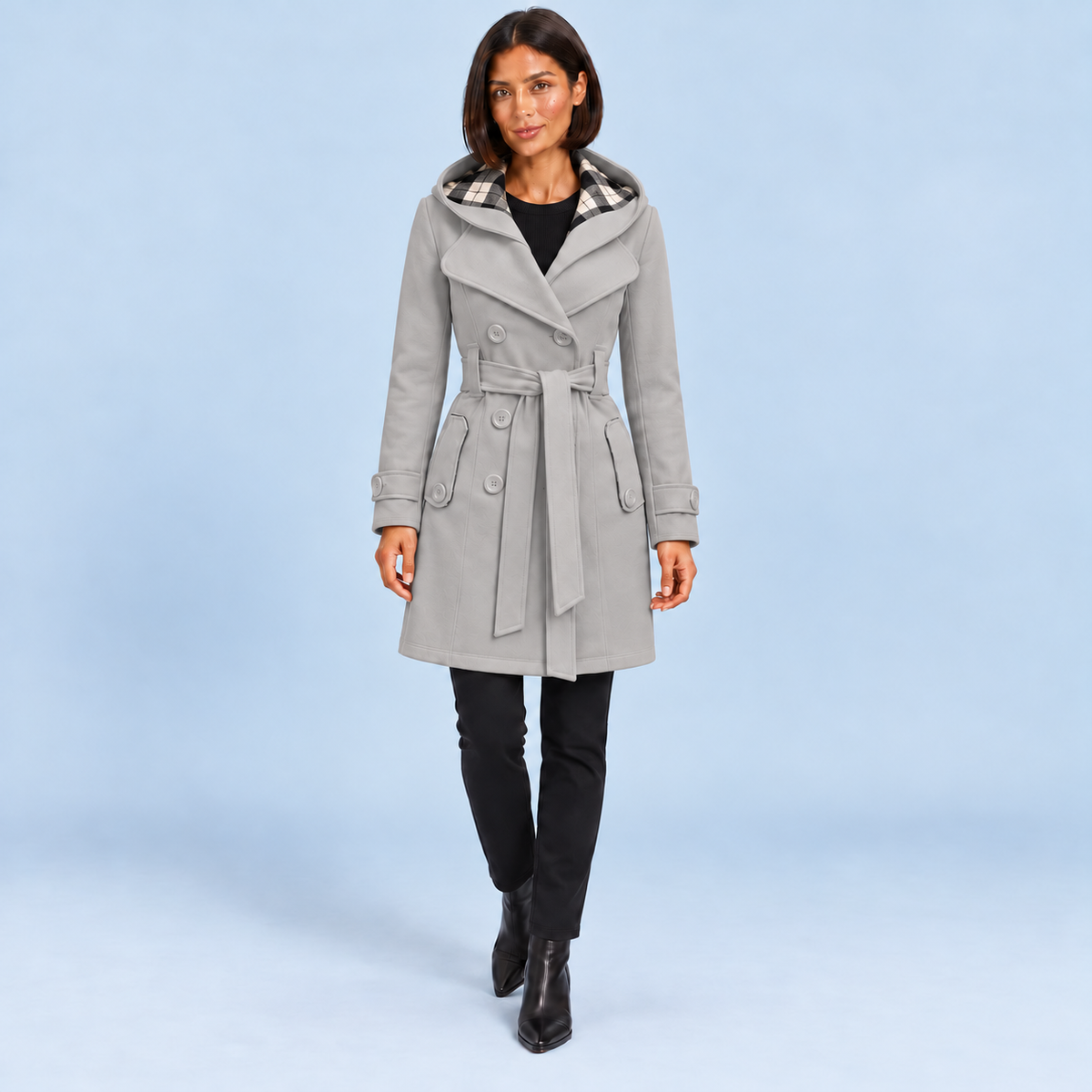 Manteau croisé femme gris à capuche et ceinture, vue de face