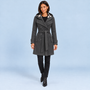 Manteau croisé femme gris foncé à capuche et ceinture, vue de face