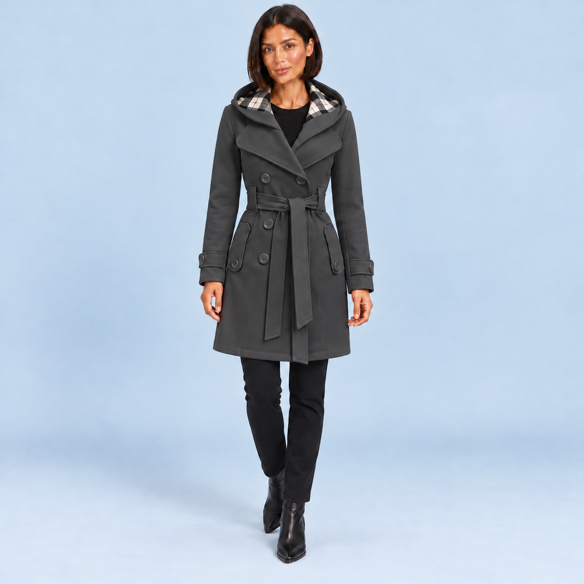 Manteau croisé femme gris foncé à capuche et ceinture, vue de face