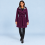 Manteau croisé femme violet à capuche et ceinture, vue de face