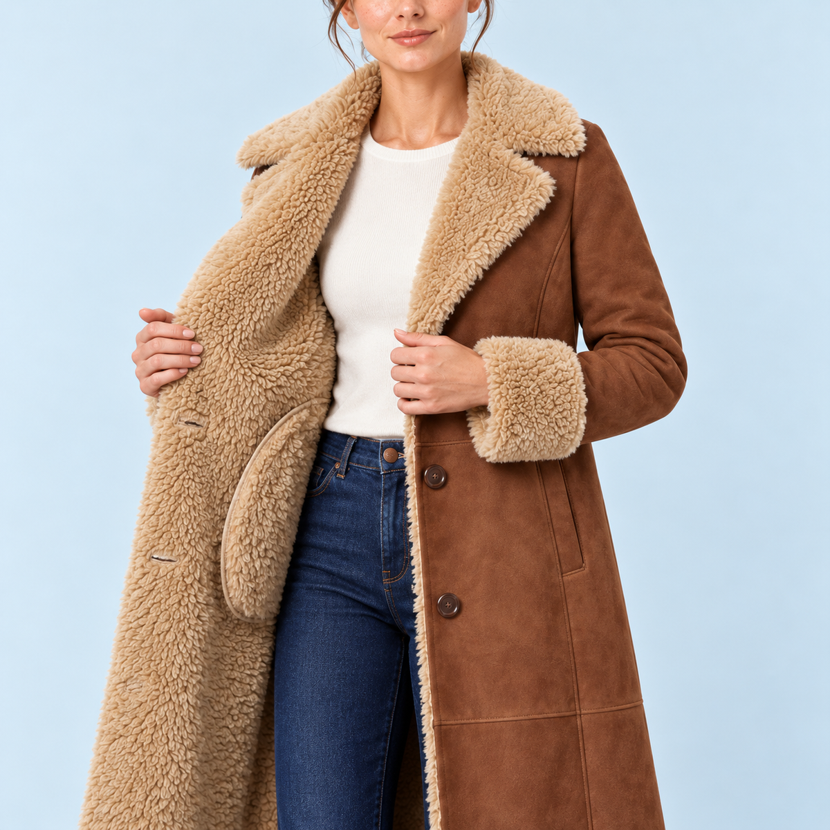 Manteau long femme effet daim à doublure bouclée — marron — détail de la doublure