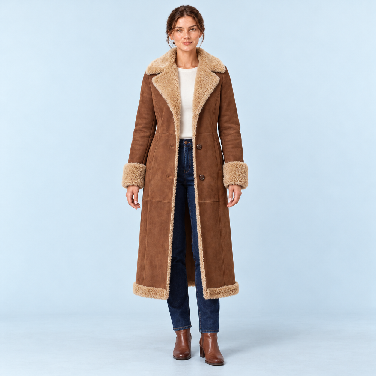 Manteau long femme effet daim à doublure bouclée — marron — vue de face