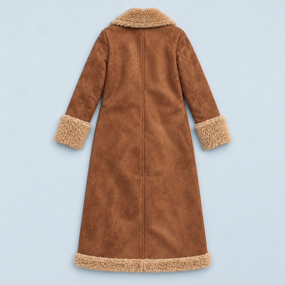 Manteau long femme effet daim à doublure bouclée — marron — vue de dos à plat