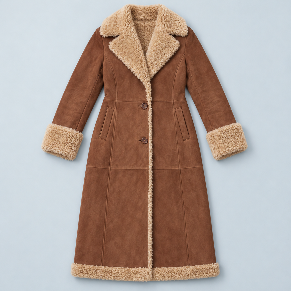 Manteau long femme effet daim à doublure bouclée — marron — vue de face à plat