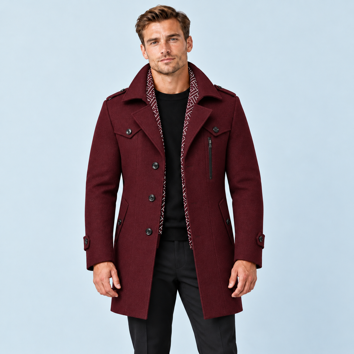 Manteau mi-long homme bordeaux — vue de face avec modèle D