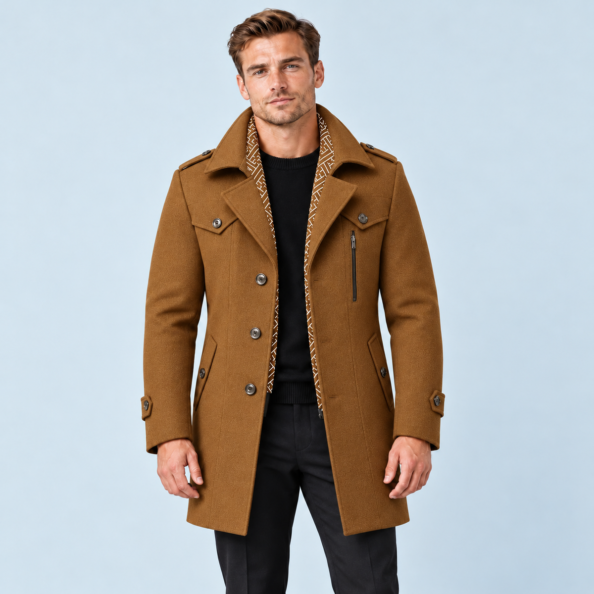 Manteau mi-long homme camel — vue de face avec modèle D