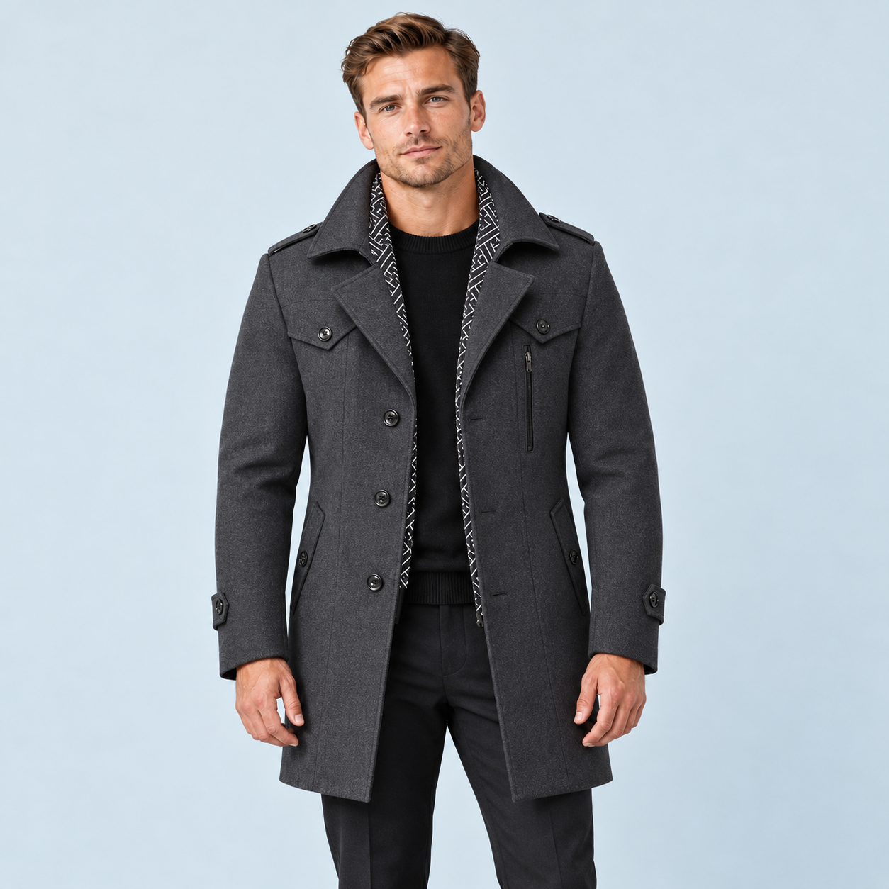 Manteau mi-long homme gris anthracite — vue de face avec modèle D