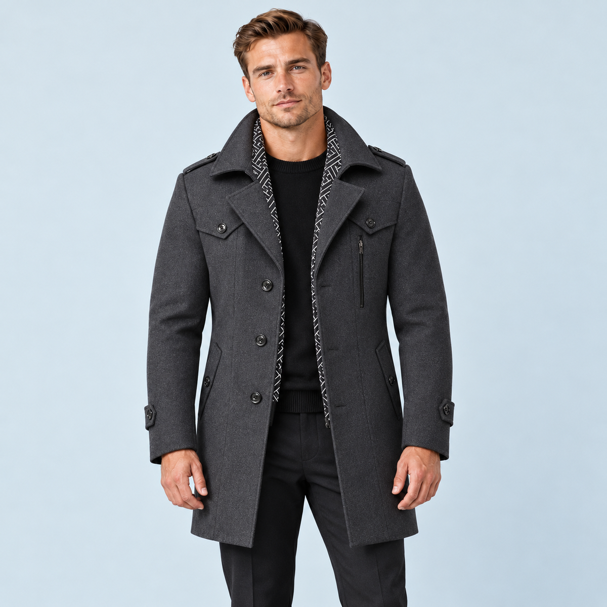 Manteau mi-long homme gris anthracite — vue de face avec modèle D