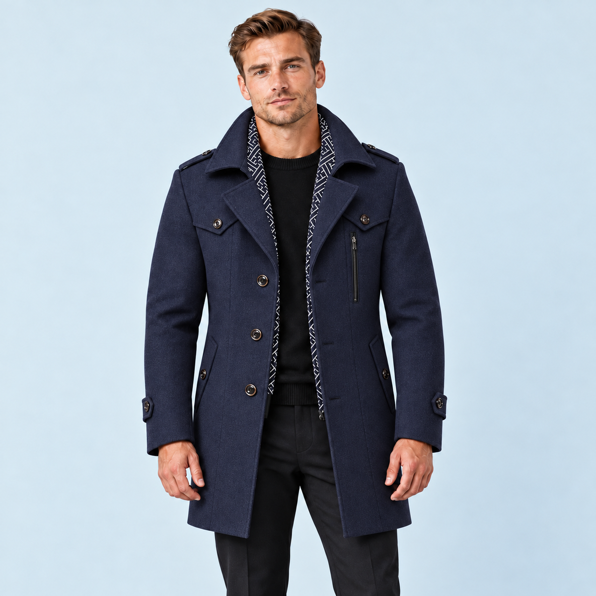 Manteau mi-long homme bleu marine — vue de face avec modèle D