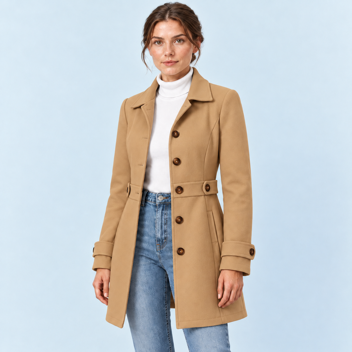 Manteau mi-saison femme cintré camel — detail