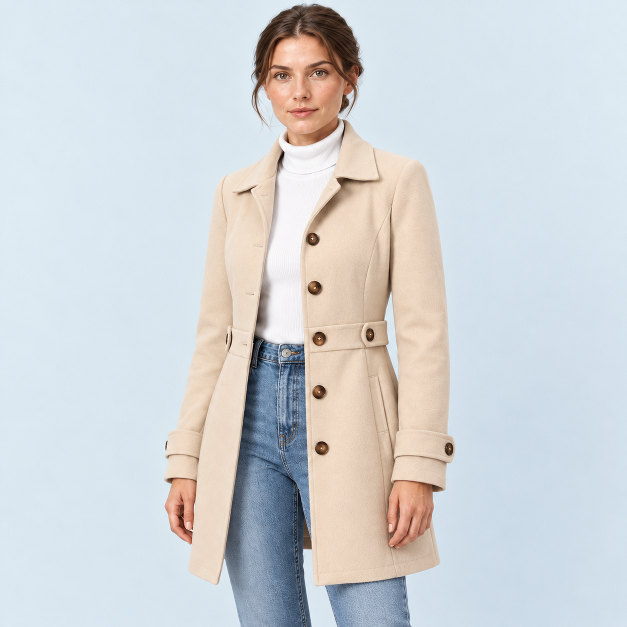 Manteau mi-saison femme cintré champagne — detail