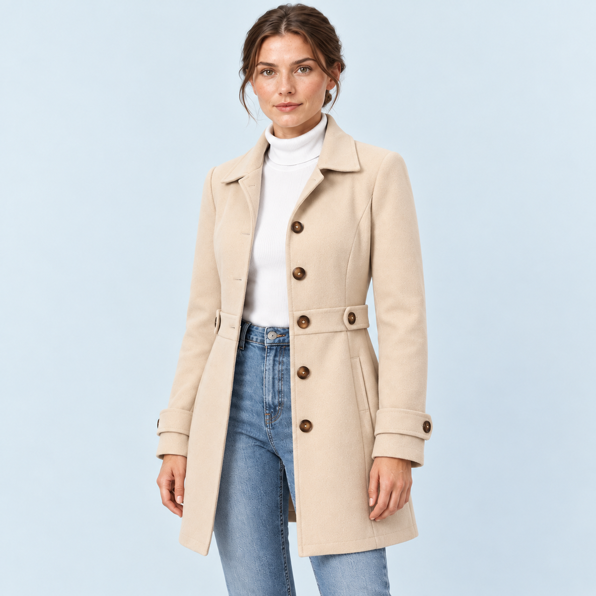 Manteau mi-saison femme cintré champagne — detail