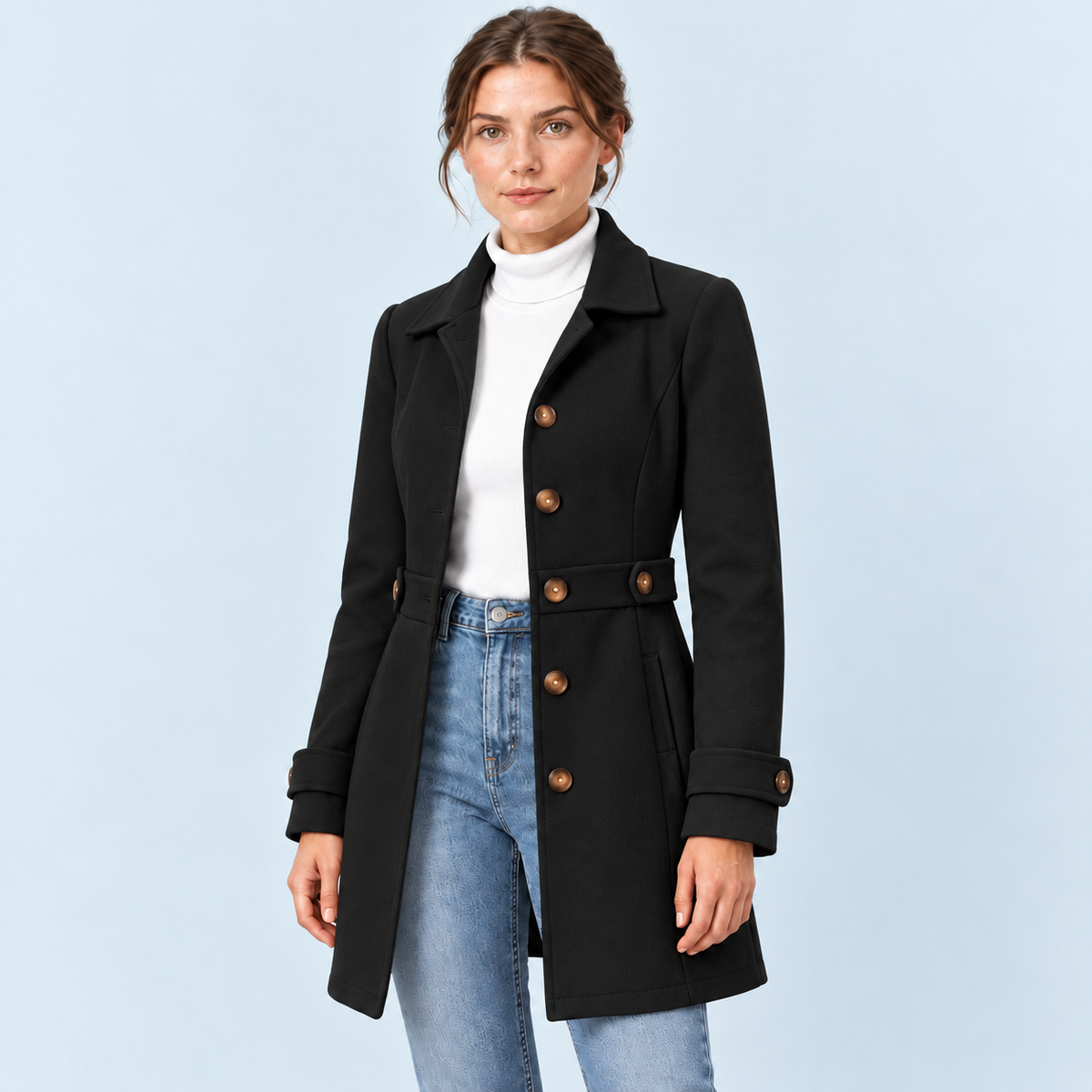 Manteau mi-saison femme cintré noir — detail