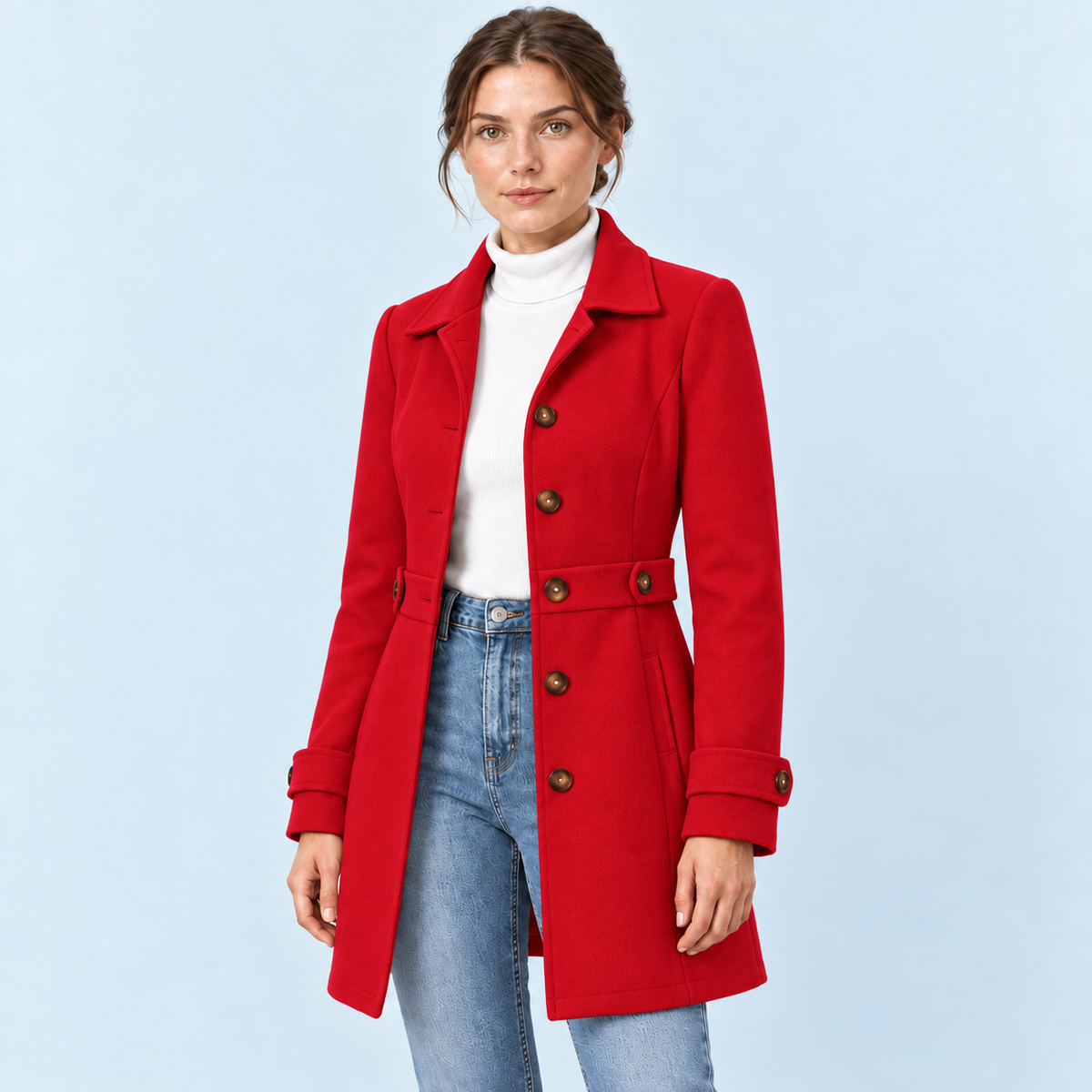 Manteau mi-saison femme cintré rouge — detail