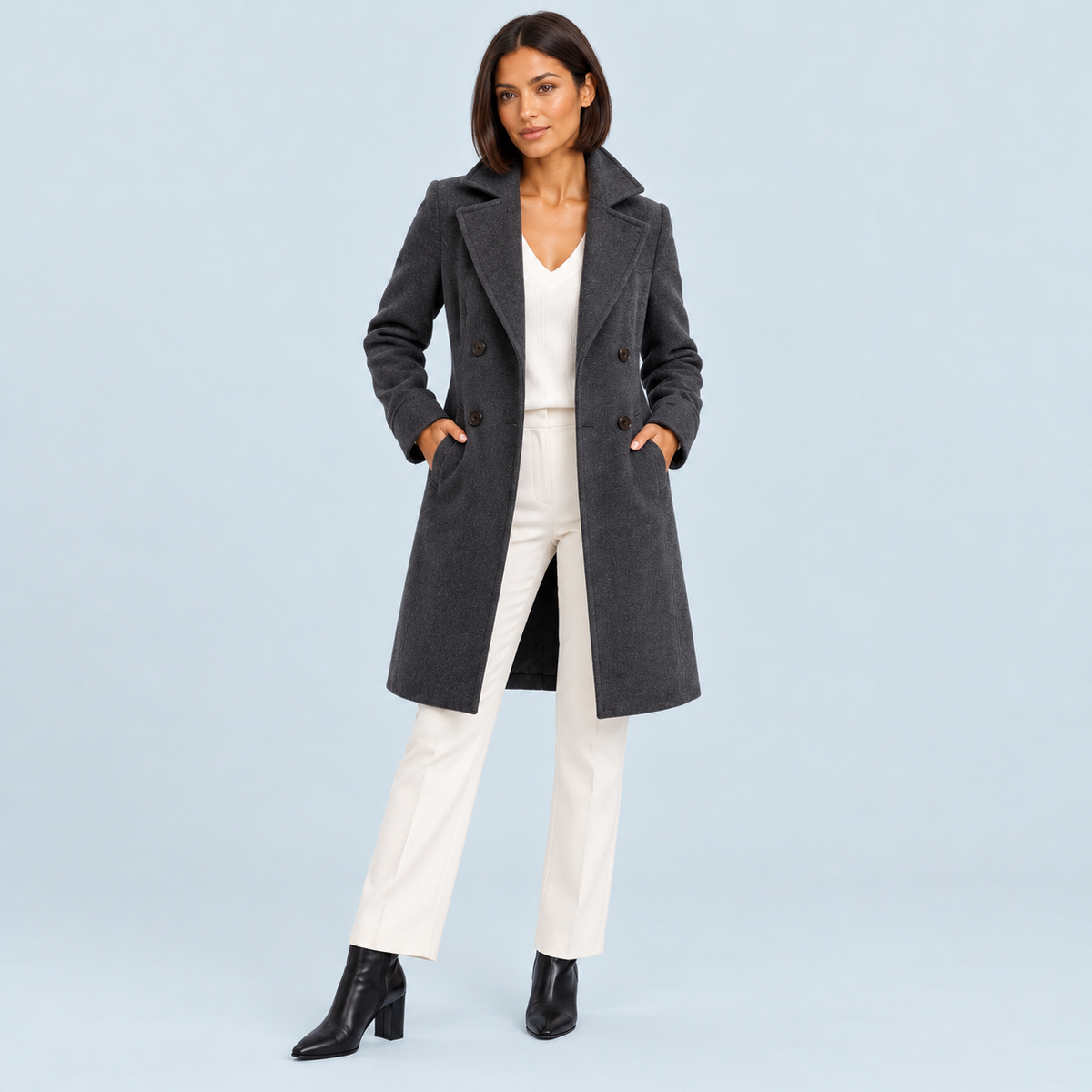 Manteau midi femme cintré — gris-fonce — face
