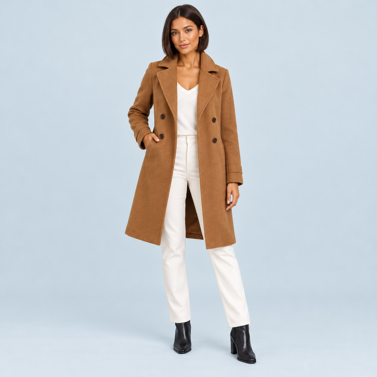 Manteau midi femme cintré — marron — face