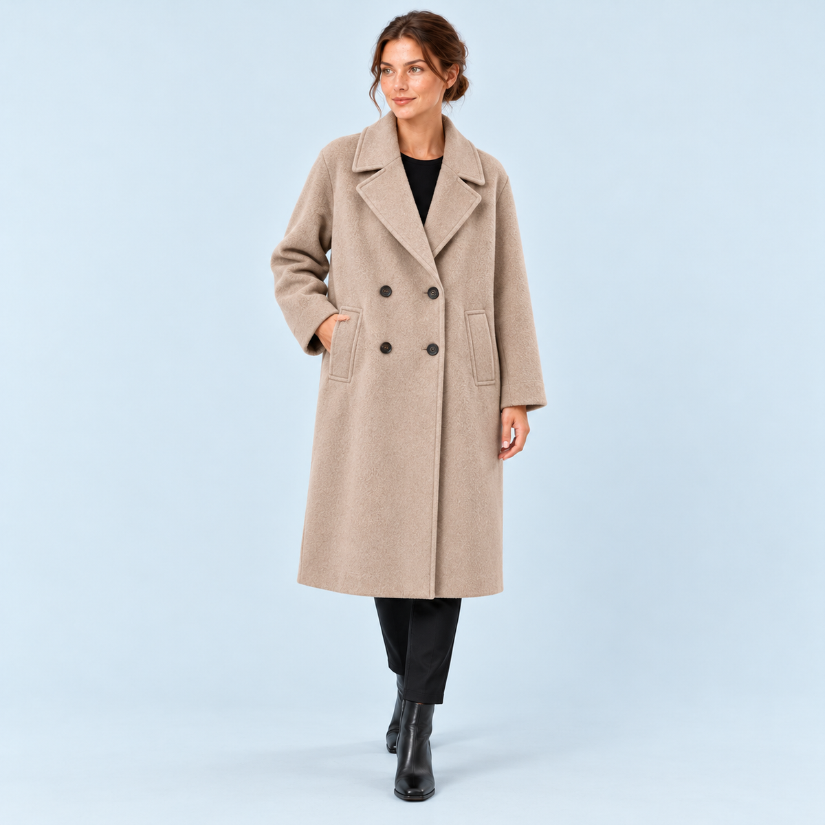 Manteau long femme à double boutonnage — beige — face