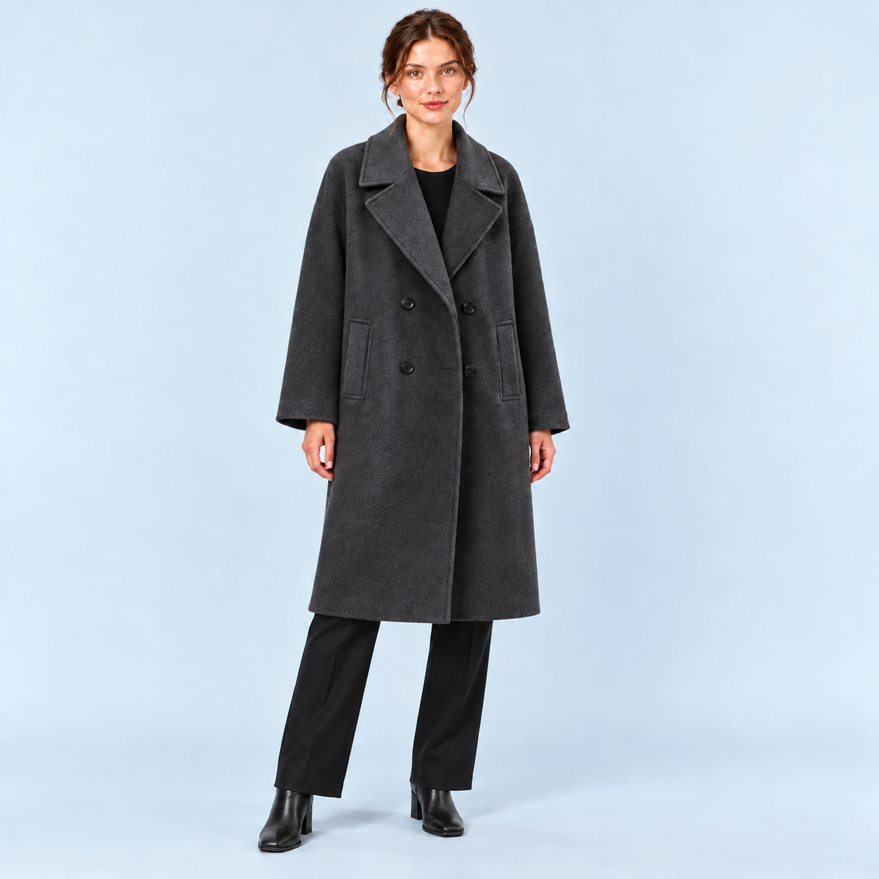 Manteau long femme à double boutonnage — gris — face