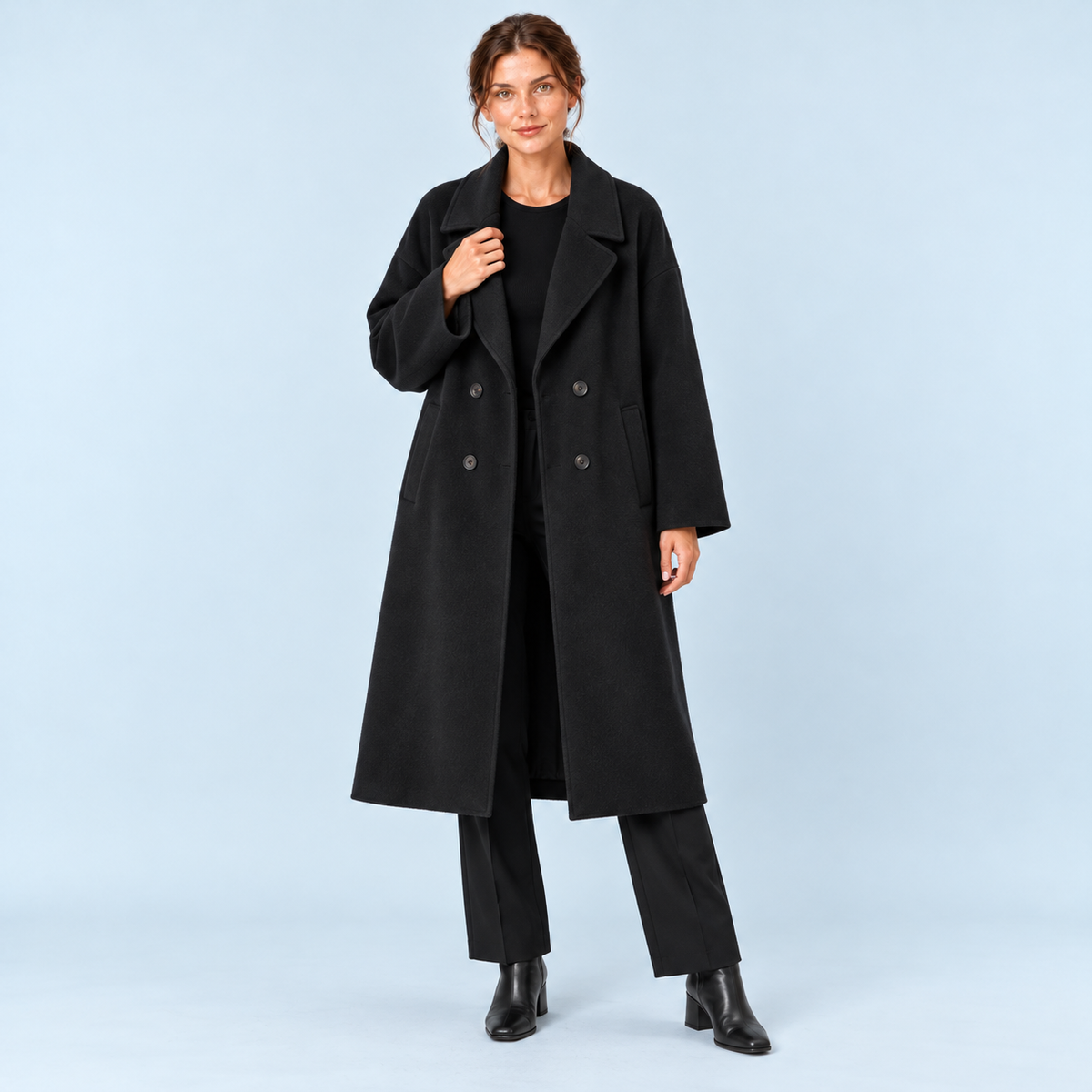 Manteau long femme à double boutonnage — noir — face