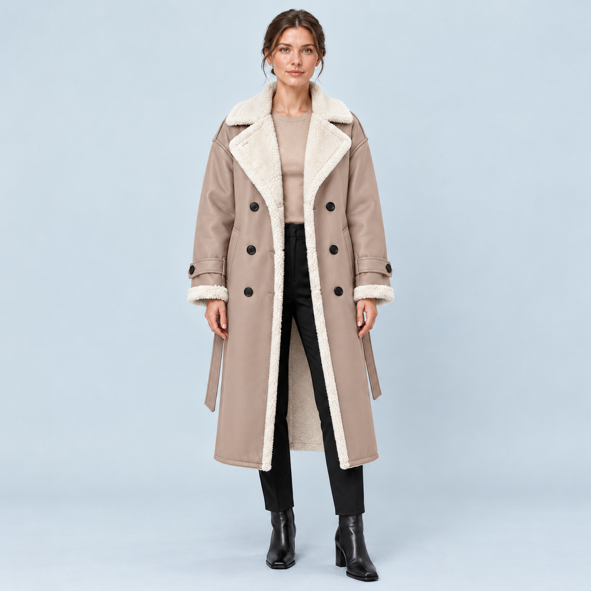 Manteau long femme doublé sherpa beige — vue face