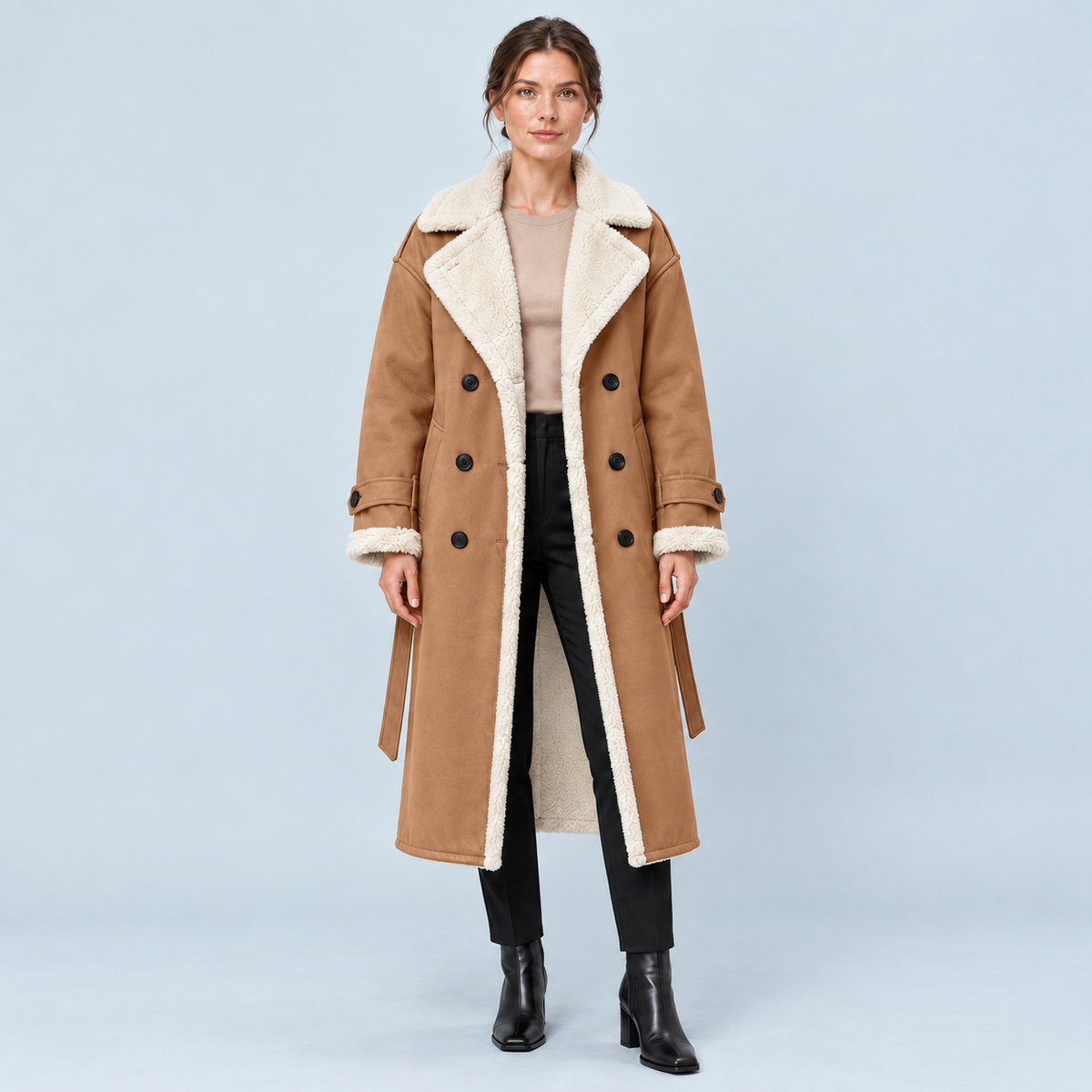 Manteau long femme doublé sherpa camel — vue face