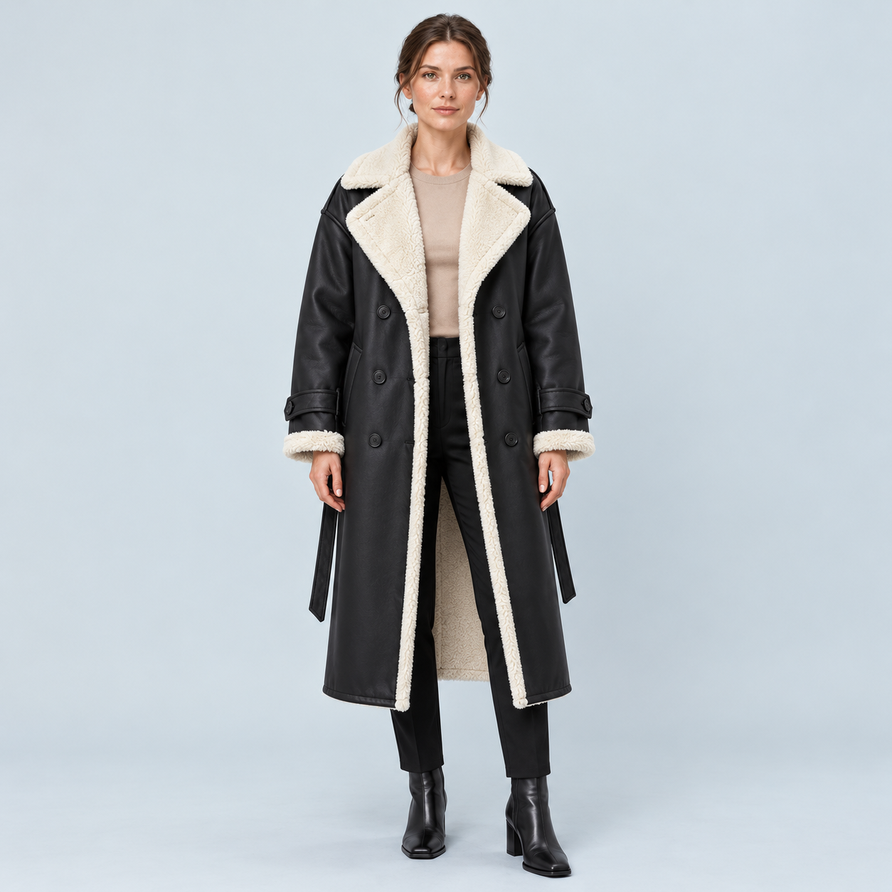 Manteau long femme doublé sherpa noir — vue face