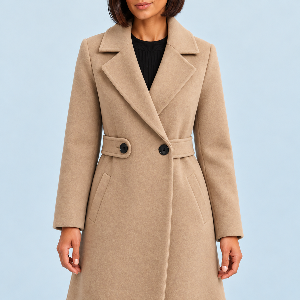 Détail du col à revers et des pattes boutonnées à la taille du manteau beige