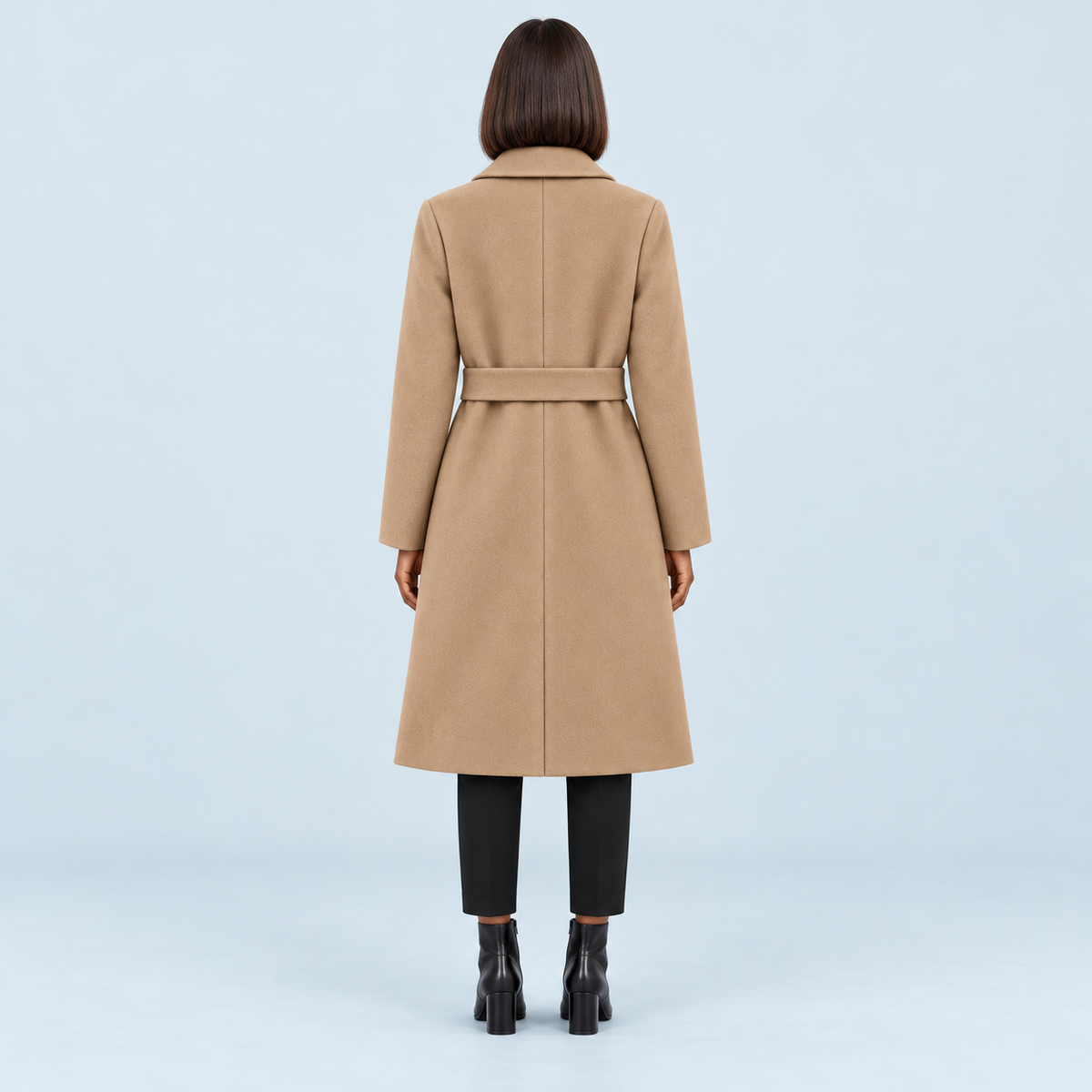 Vue arrière indicative du manteau beige sur le modèle C, reconstitution à vérifier avant publication