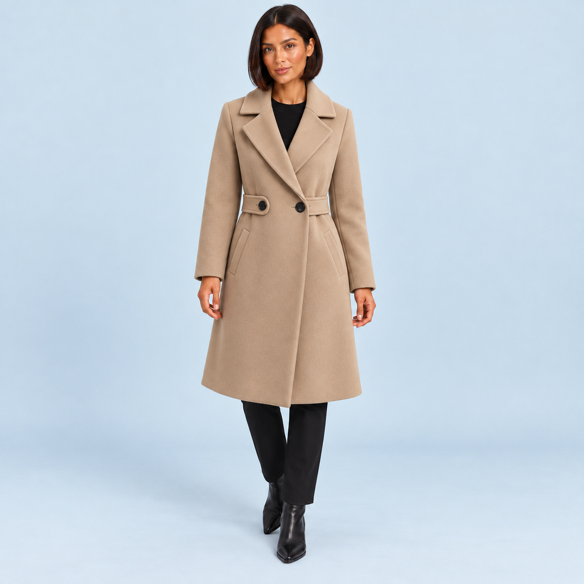 Manteau mi-long femme beige à taille boutonnée, vue de face sur le modèle C
