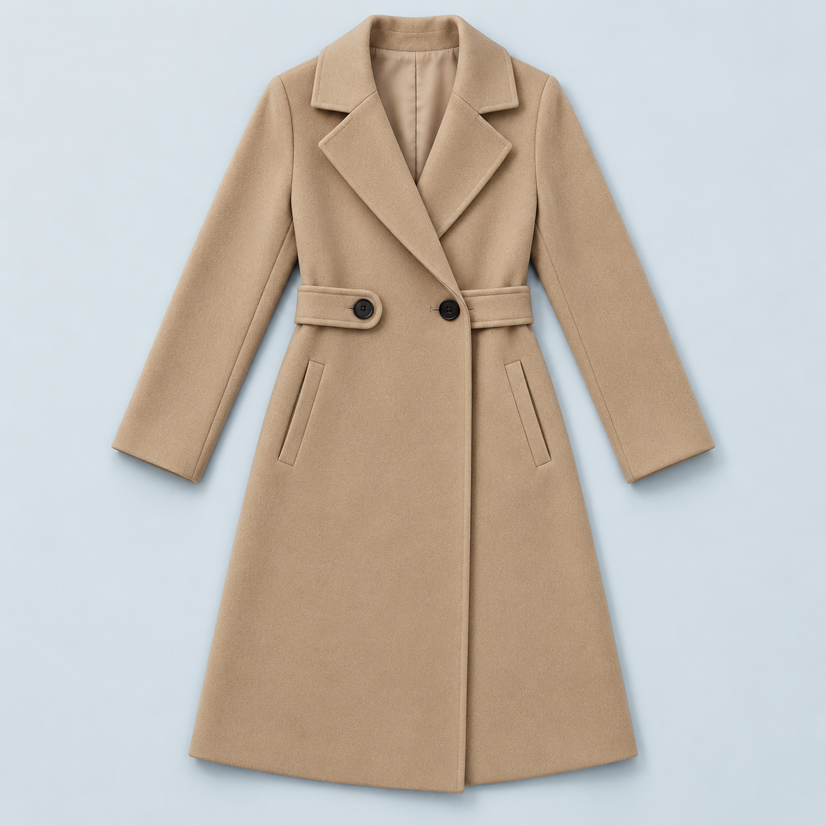 Manteau beige à taille boutonnée posé à plat, vue de face