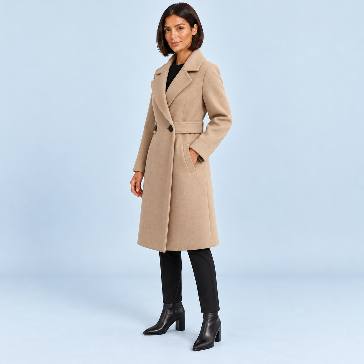 Manteau mi-long femme beige, vue de trois quarts sur le modèle C